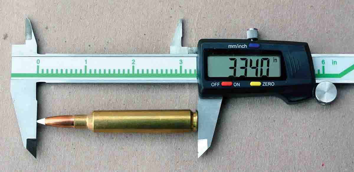 The 6.5 RPM shares the same overall cartridge length as the .30-06 Springfield at 3.340 inches.